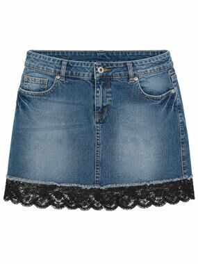 Denim Mini Skirt Lace Hem Y2K Stretch Jean Skirt Size 16 Deb Jeans